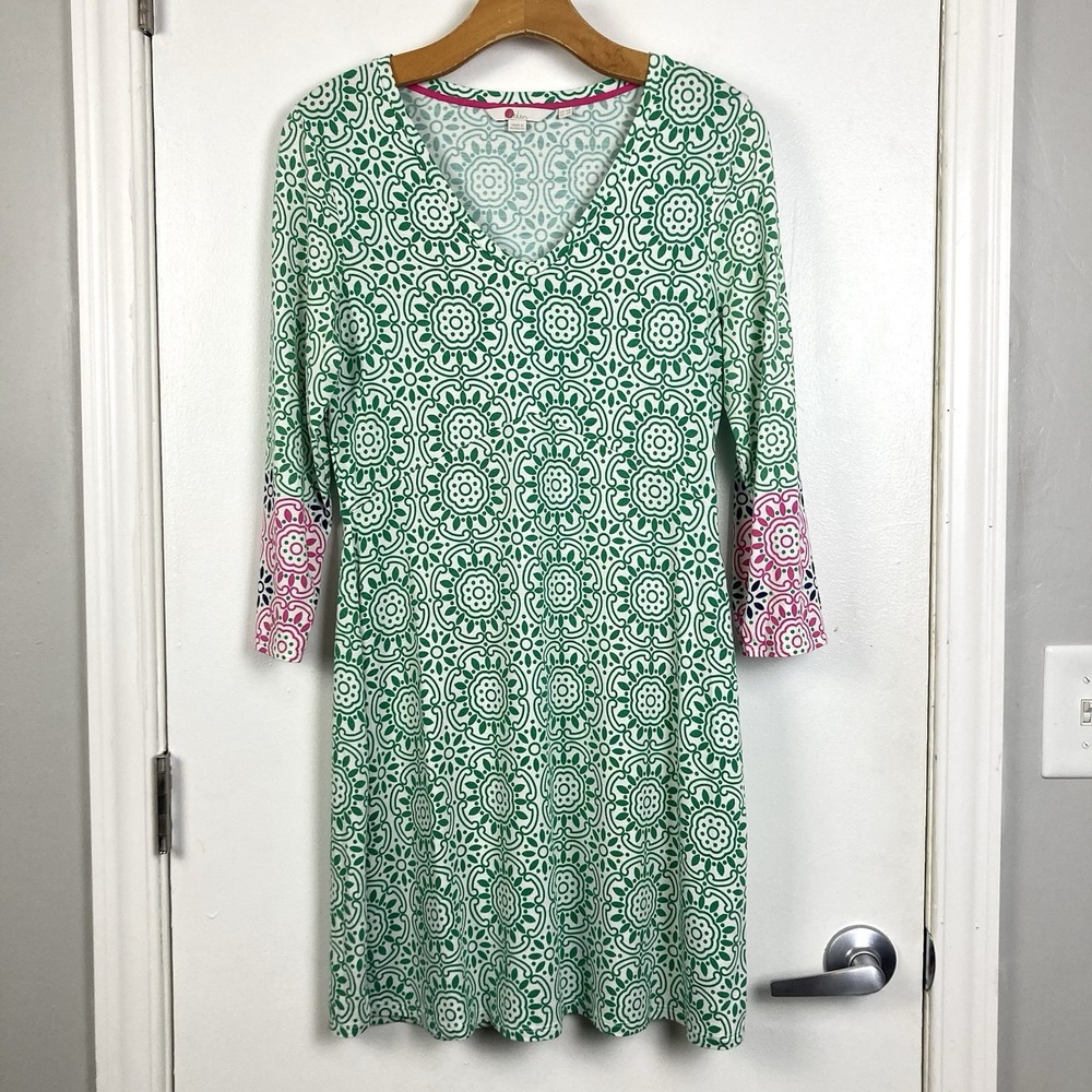 Boden Green White Medallion Print V-Neck 3/4 Sleeve A-Line Dress Womens US 6R